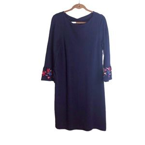 Talbots Dress Navy Blue S Embroidered Bell Sleeves Stretch Jersey